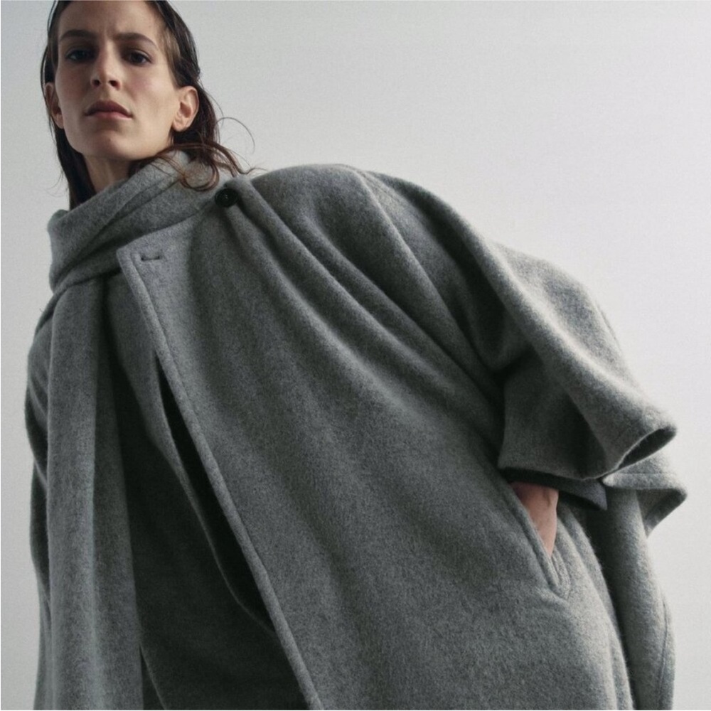 NEW W TAGS Zara Alpaca Wool Blend  Medium Grey Scarf Cape Coat - Picture 5 of 10